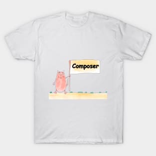 Composer. Profession, work, job. Cat shows a banner with the inscription. Watercolor illustration. A gift for a professional. T-Shirt